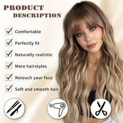 Ombre Long Curly Wavy Wig With Bangs Synthetic Heat Resistant Natural Look