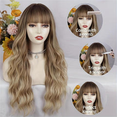Ombre Long Curly Wavy Wig With Bangs Synthetic Heat Resistant Natural Look