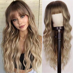 Ombre Long Curly Wavy Wig With Bangs Synthetic Heat Resistant Natural Look