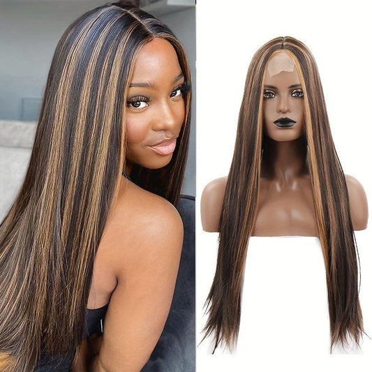 Long Straight Lace Front Wig Middle Part Silky Synthetic Wig For Women