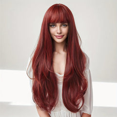 Wine Red 66cm Long Wavy Hair Wig with Bangs