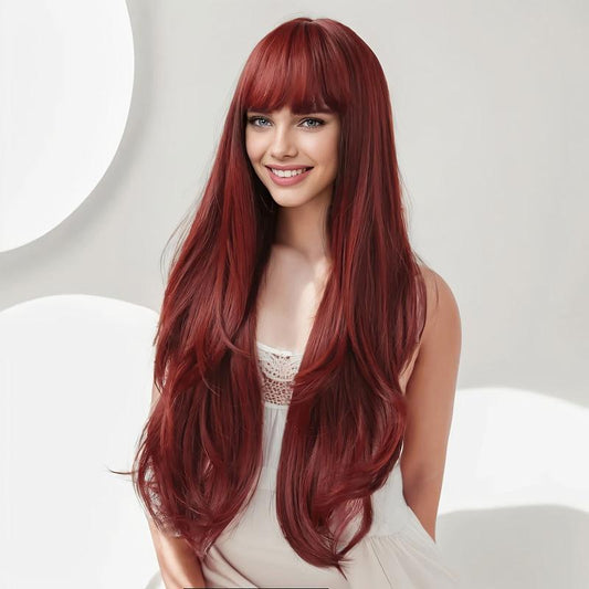 Wine Red 66cm Long Wavy Hair Wig with Bangs