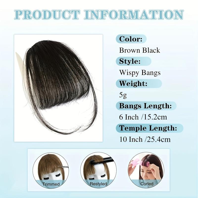 100% Human Hair Clip In Bangs Medium Brown Wispy Fringe for Women