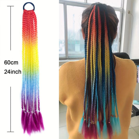 12 Pack Long Braid Hair Extensions with Elastic Bands - Rainbow Braids