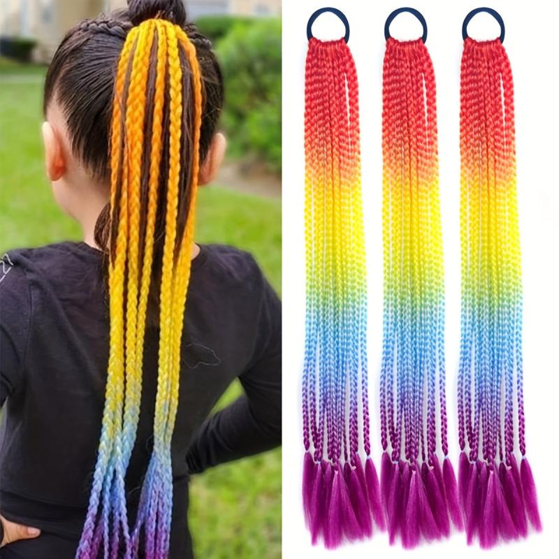 12 Pack Long Braid Hair Extensions with Elastic Bands - Rainbow Braids