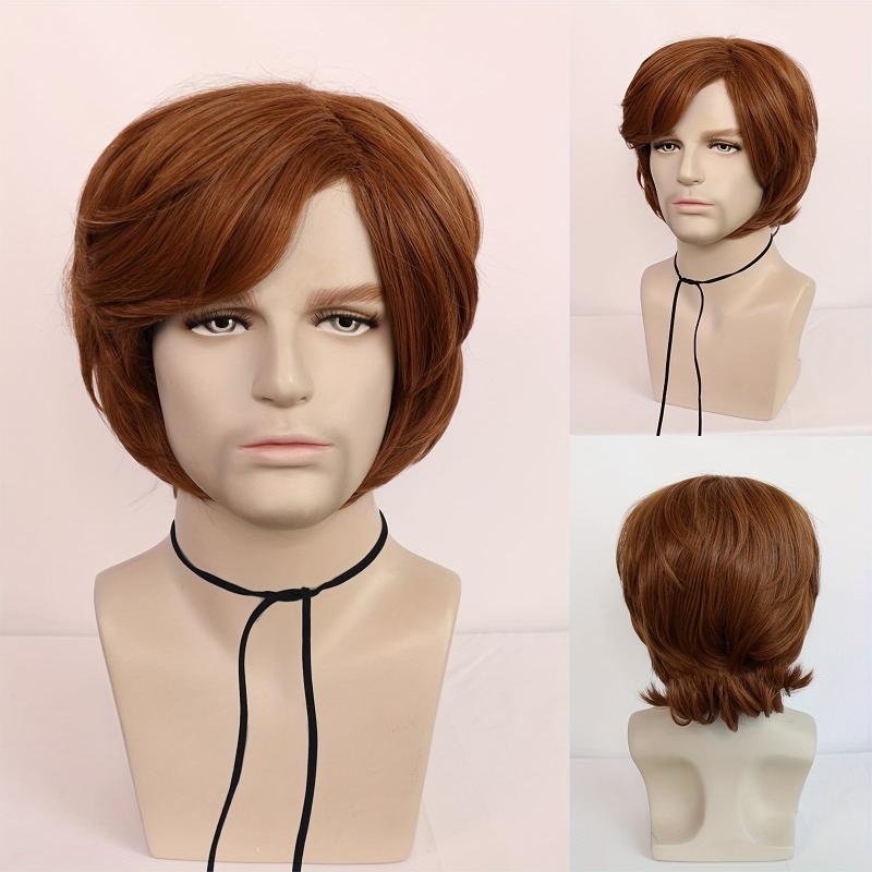Men's Short Wavy Brown Wig 70s 80s Mullet Rocker Costume Wig