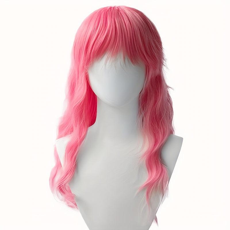 Pink Layered Long Curly Wig With Bangs Synthetic Wig Anime Cosplay Wig