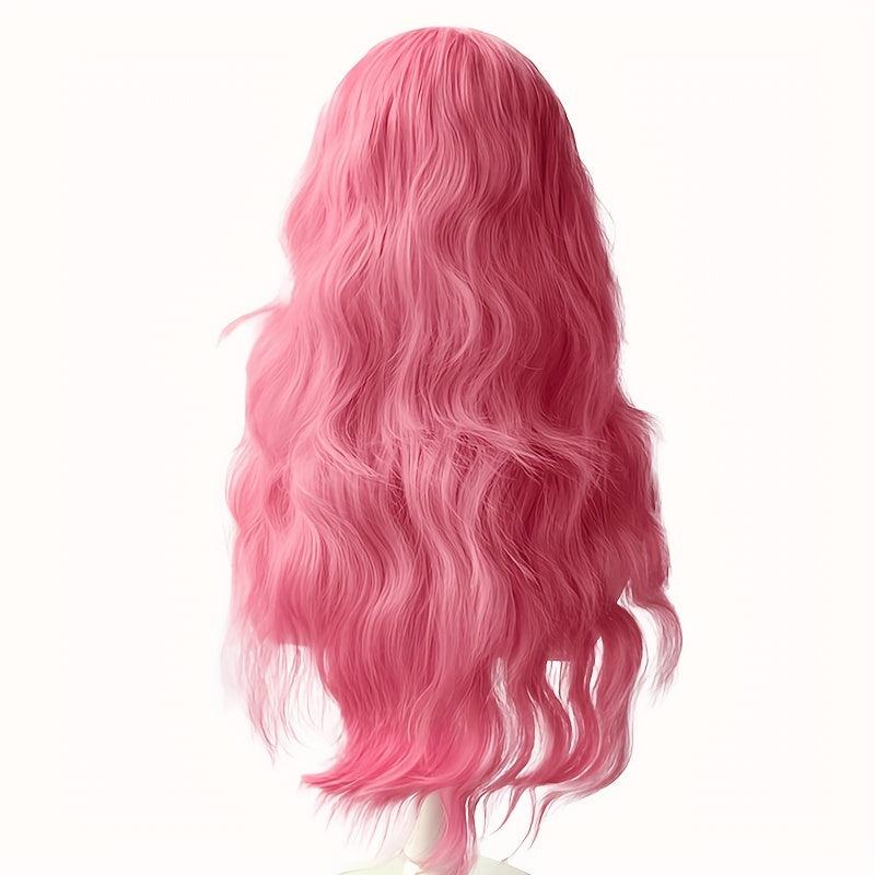 Pink Layered Long Curly Wig With Bangs Synthetic Wig Anime Cosplay Wig