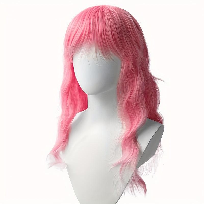 Pink Layered Long Curly Wig With Bangs Synthetic Wig Anime Cosplay Wig
