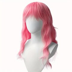 Pink Layered Long Curly Wig With Bangs Synthetic Wig Anime Cosplay Wig