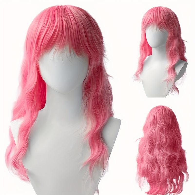 Pink Layered Long Curly Wig With Bangs Synthetic Wig Anime Cosplay Wig
