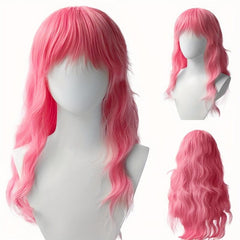Pink Layered Long Curly Wig With Bangs Synthetic Wig Anime Cosplay Wig