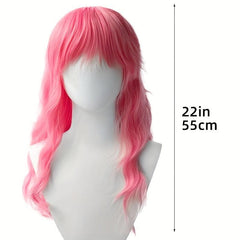 Pink Layered Long Curly Wig With Bangs Synthetic Wig Anime Cosplay Wig