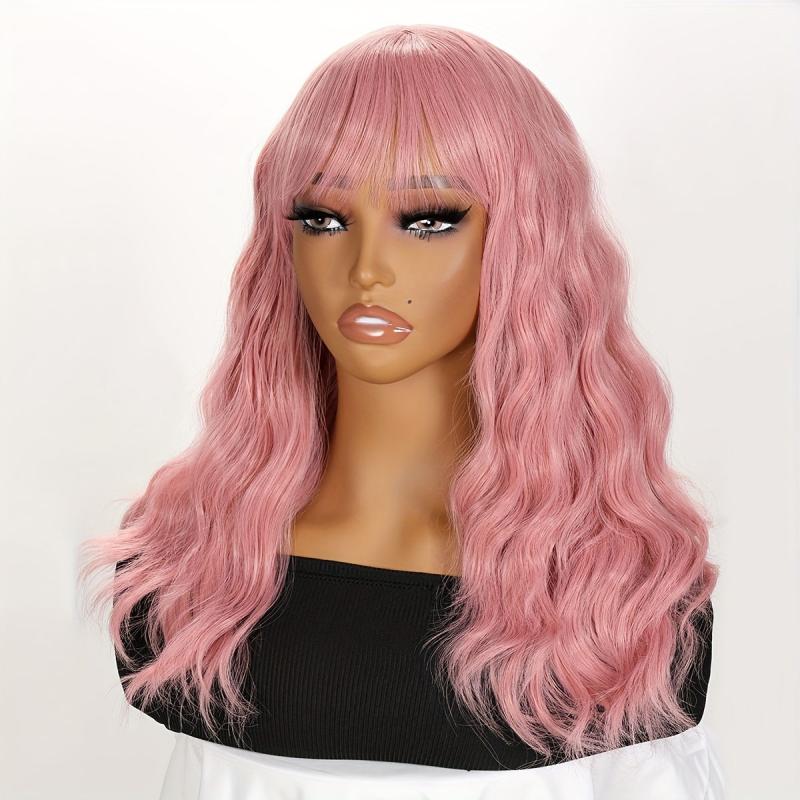 72 Cm Women's Curly Wig Water Wavy Wig With Bangs Mid Length Brown Wig