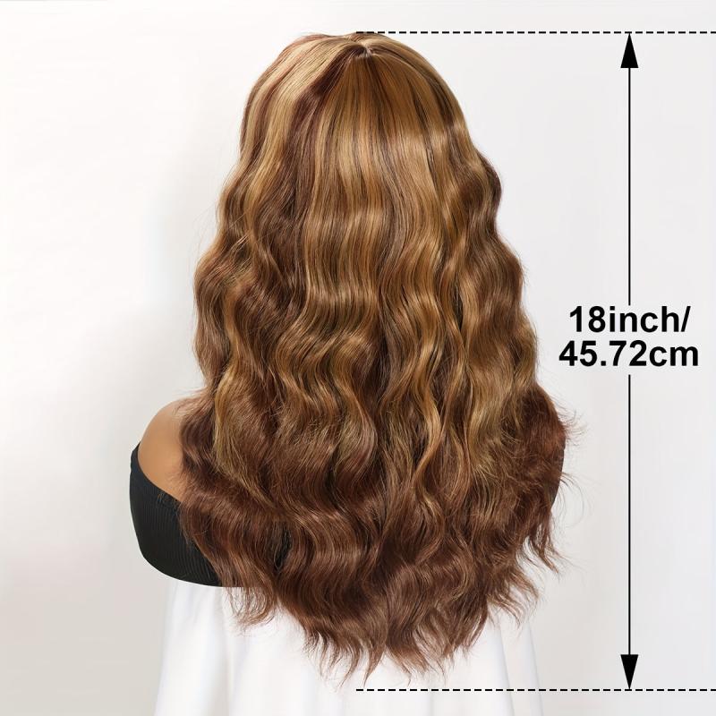 72 Cm Women's Curly Wig Water Wavy Wig With Bangs Mid Length Brown Wig