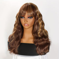 72 Cm Women's Curly Wig Water Wavy Wig With Bangs Mid Length Brown Wig