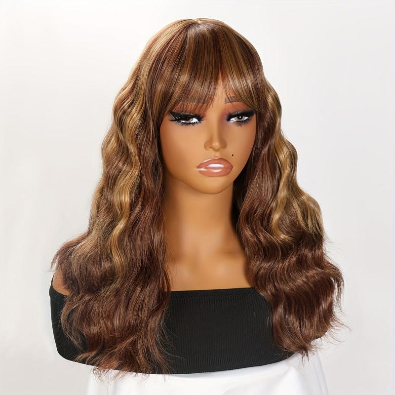 72 Cm Women's Curly Wig Water Wavy Wig With Bangs Mid Length Brown Wig