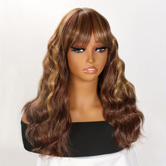 72 Cm Women's Curly Wig Water Wavy Wig With Bangs Mid Length Brown Wig