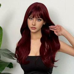 Wine Red 60 96 Cm Long Curly Wavy Hair Wigs With Bangs