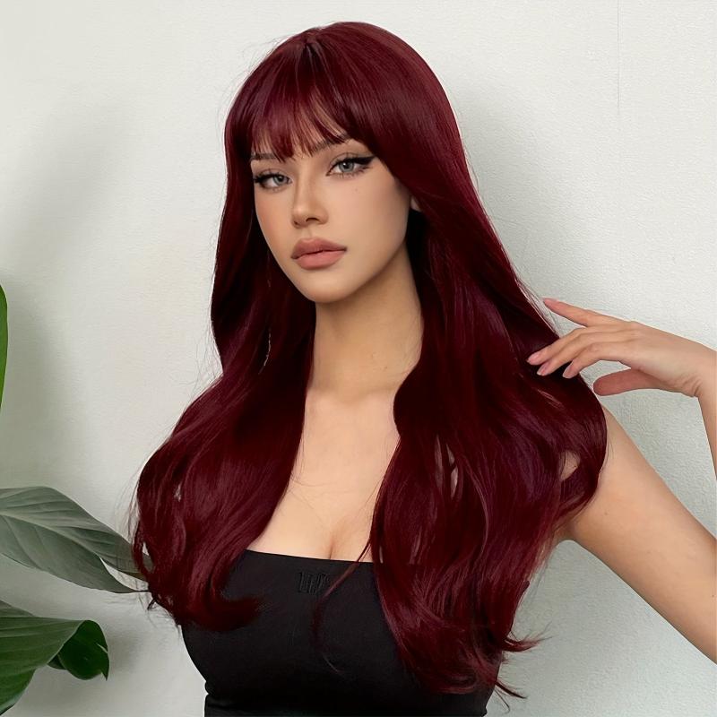 Wine Red 60 96 Cm Long Curly Wavy Hair Wigs With Bangs