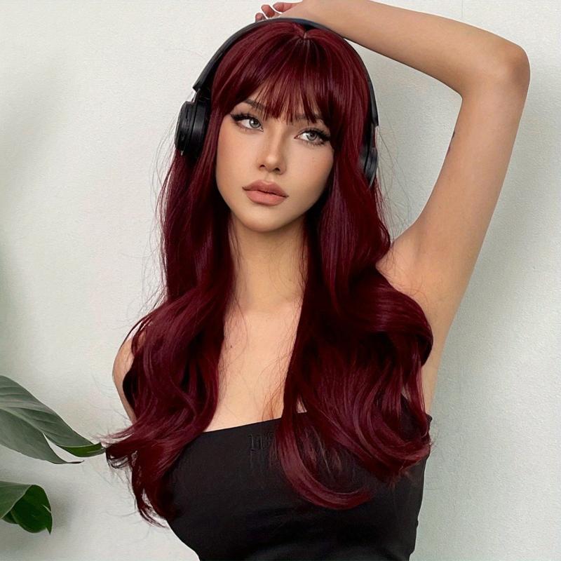 Wine Red 60 96 Cm Long Curly Wavy Hair Wigs With Bangs