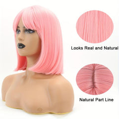 Short Straight Bob Pink Wig with Bangs Heat Resistant Synthetic for Women