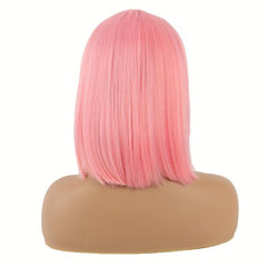 Short Straight Bob Pink Wig with Bangs Heat Resistant Synthetic for Women