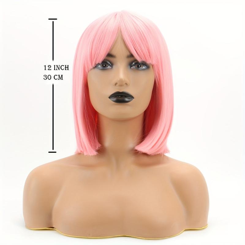 Short Straight Bob Pink Wig with Bangs Heat Resistant Synthetic for Women