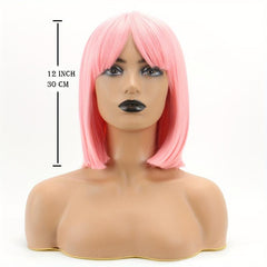 Short Straight Bob Pink Wig with Bangs Heat Resistant Synthetic for Women