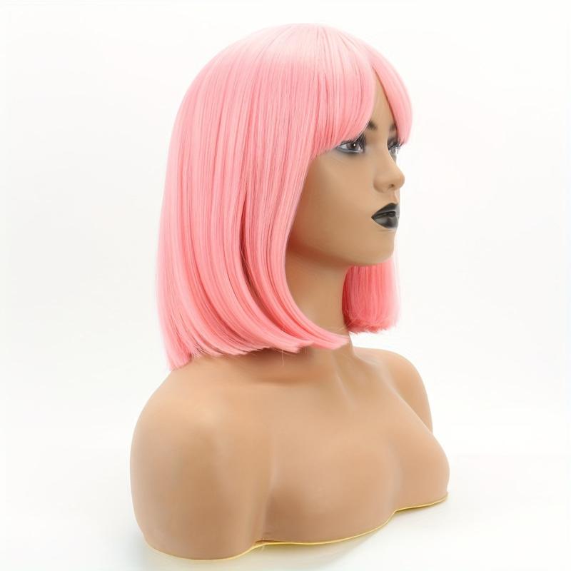 Short Straight Bob Pink Wig with Bangs Heat Resistant Synthetic for Women