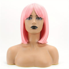 Short Straight Bob Pink Wig with Bangs Heat Resistant Synthetic for Women