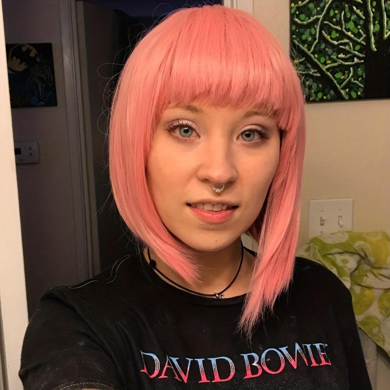 Short Straight Bob Pink Wig with Bangs Heat Resistant Synthetic for Women