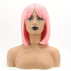 Short Straight Bob Pink Wig with Bangs Heat Resistant Synthetic for Women