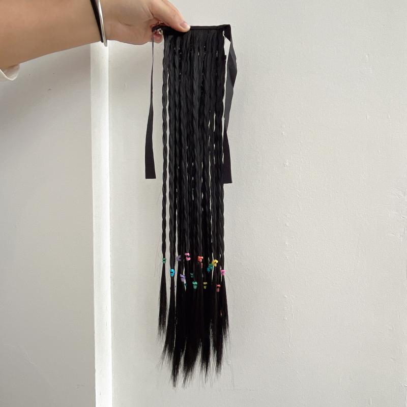 Braids Ponytail With Ribbon Tie Wrapped Around Long Ponytail Extensions