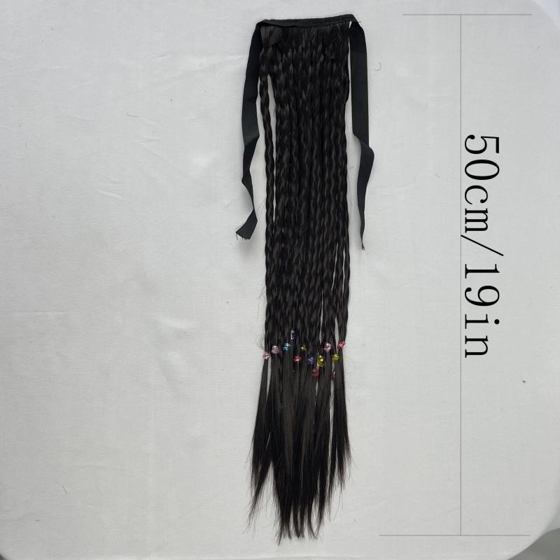 Braids Ponytail With Ribbon Tie Wrapped Around Long Ponytail Extensions