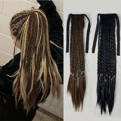 Braids Ponytail With Ribbon Tie Wrapped Around Long Ponytail Extensions