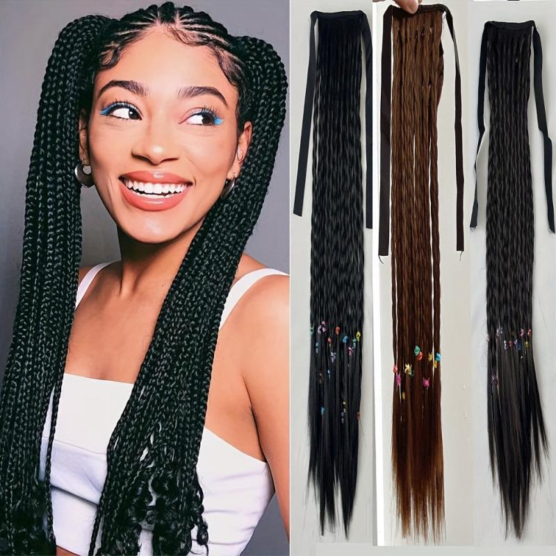 Braids Ponytail With Ribbon Tie Wrapped Around Long Ponytail Extensions