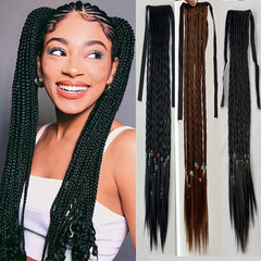 Braids Ponytail With Ribbon Tie Wrapped Around Long Ponytail Extensions