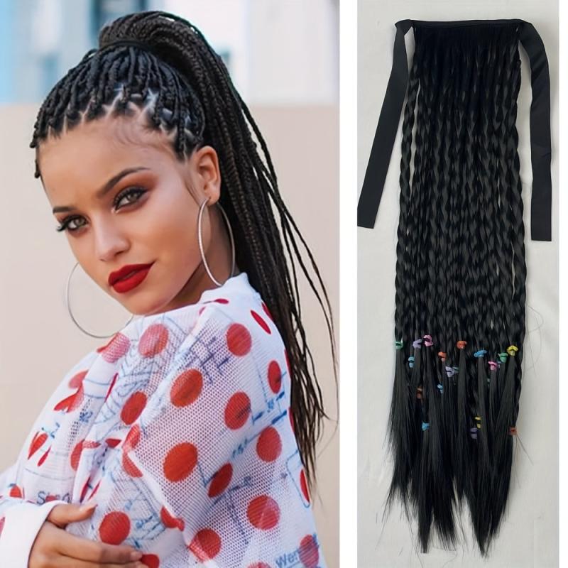 Braids Ponytail With Ribbon Tie Wrapped Around Long Ponytail Extensions