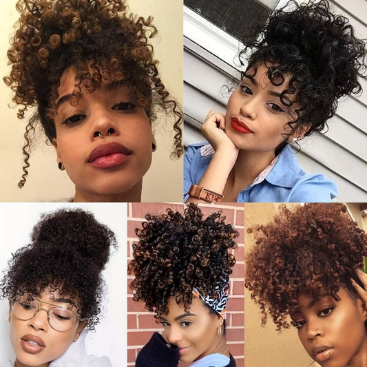 Afro Puff Ponytail Kinky Curly Hair Clip In Bangs