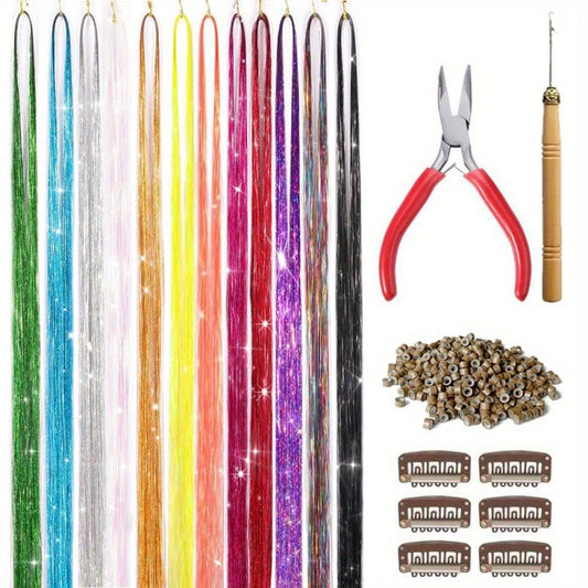 Hair Tinsel Kit 3200 Stands Halloween Christmas Glitter Sparkle Hair Extensions