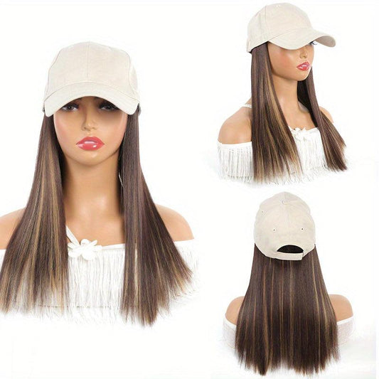 Straight Hair Hat Adjustable Baseball Cap with Attached Long Hairstyle Wig