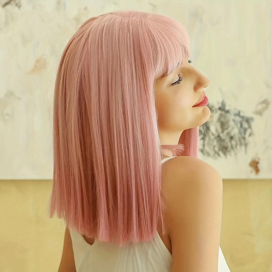 Pink Synthetic Bob Wig Short Straight Style Natural Shine