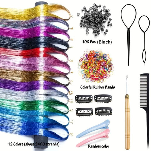 12 Colors Hair Tinsel Kit with Tools - Glitter Tinsel Extensions