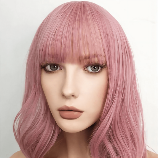 Short Pink Wig With Bangs Shoulder Length Synthetic Cosplay Wig
