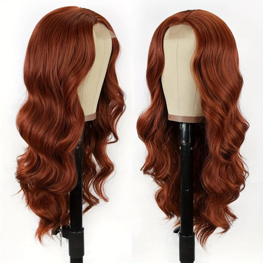 Curly Wavy T Part Lace Front Wig Orange 60cm Natural Looking Synthetic Fiber