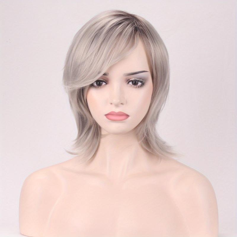 Short Curly Hair Shoulder Length Wig with Side Bangs Synthetic Straight Wig