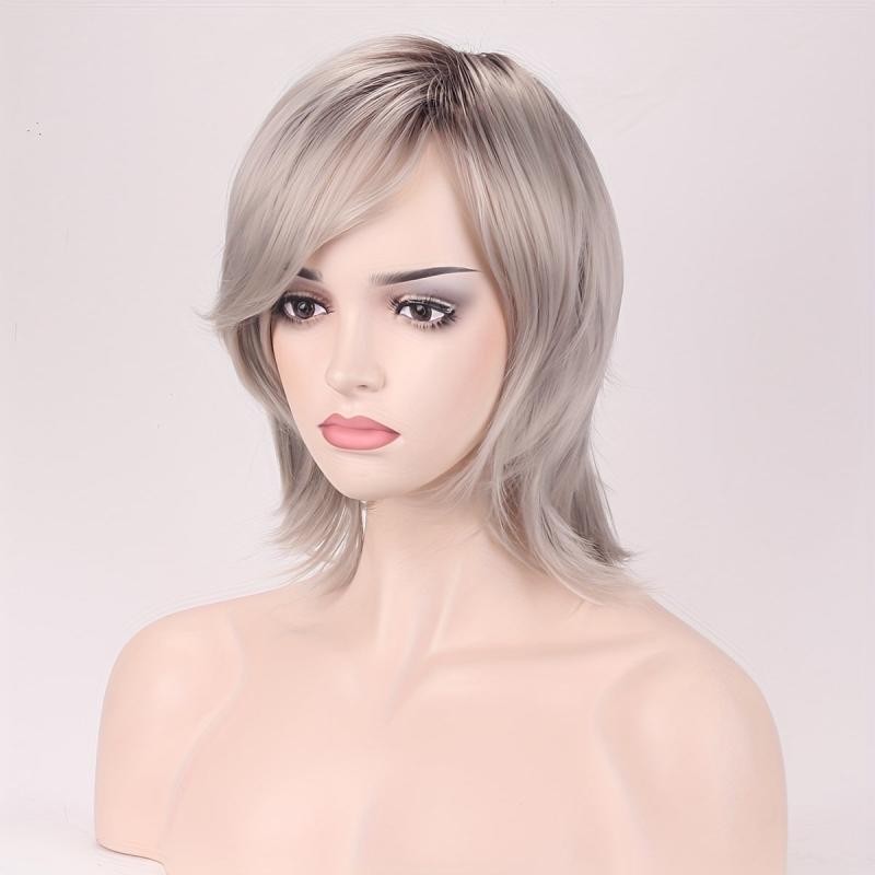 Short Curly Hair Shoulder Length Wig with Side Bangs Synthetic Straight Wig
