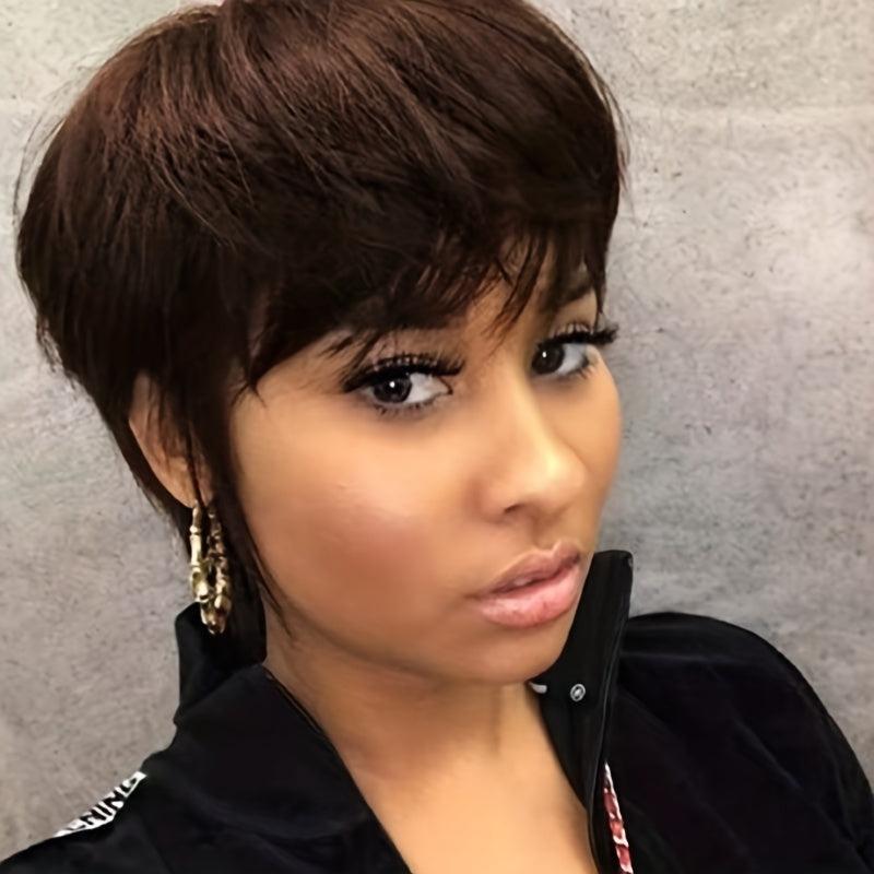 Short Brown Wavy Pixie Wig with Bangs