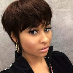 Short Brown Wavy Pixie Wig with Bangs